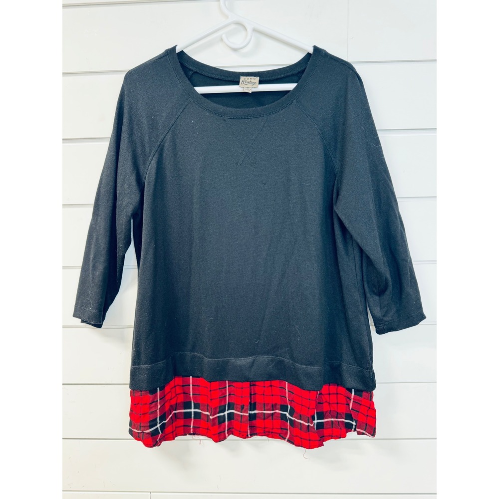 Como Vintage Womens Black Plaid Hem Layered Look Top XL Long Sleeve Raglan Crew